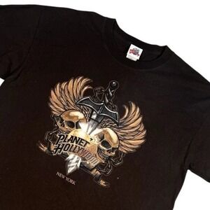 Vintage 1998 Planet Hollywood New York Skull Sword Graphic T-Shirt Mens XL Black